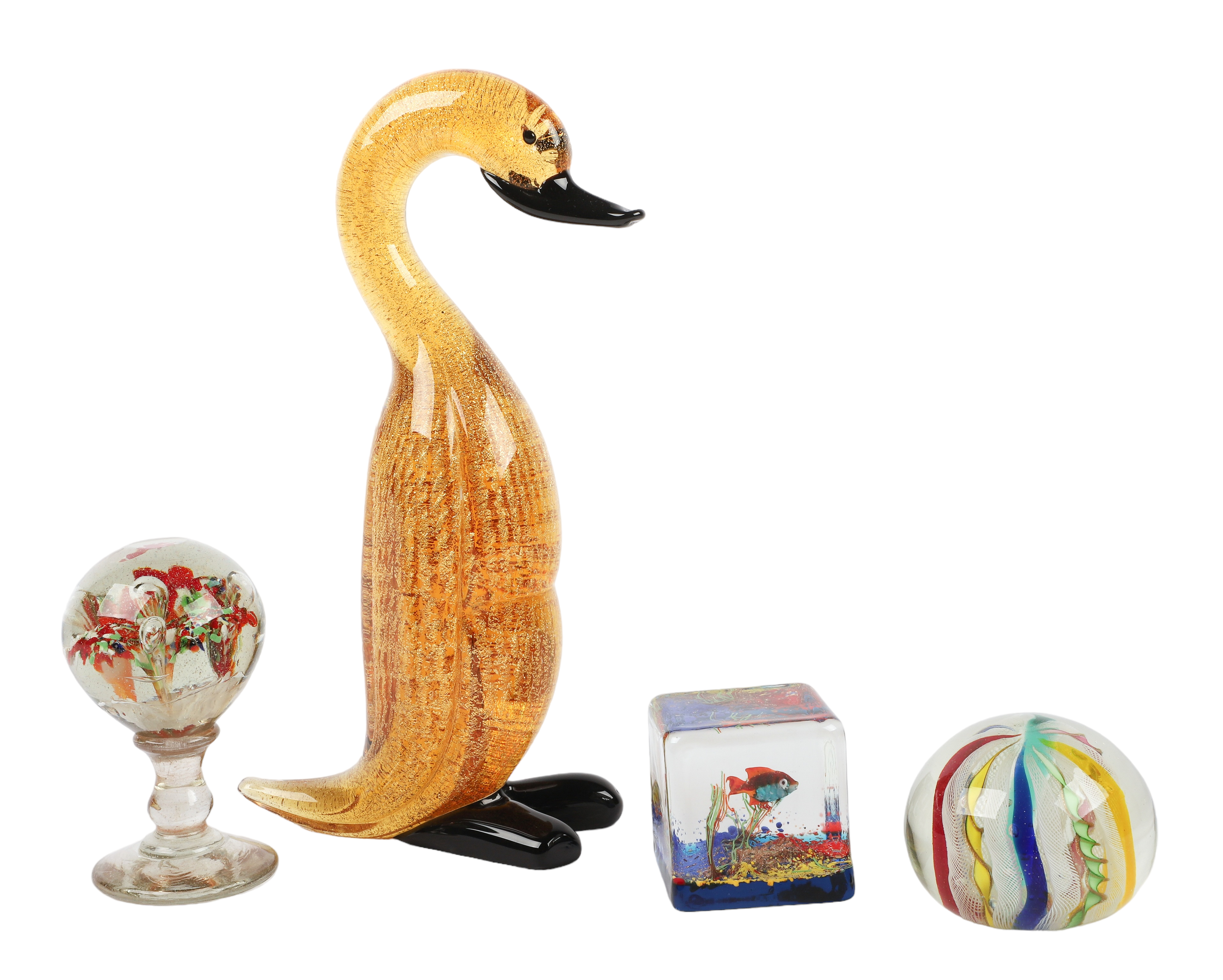 (4) Art glass weights and Murano duck