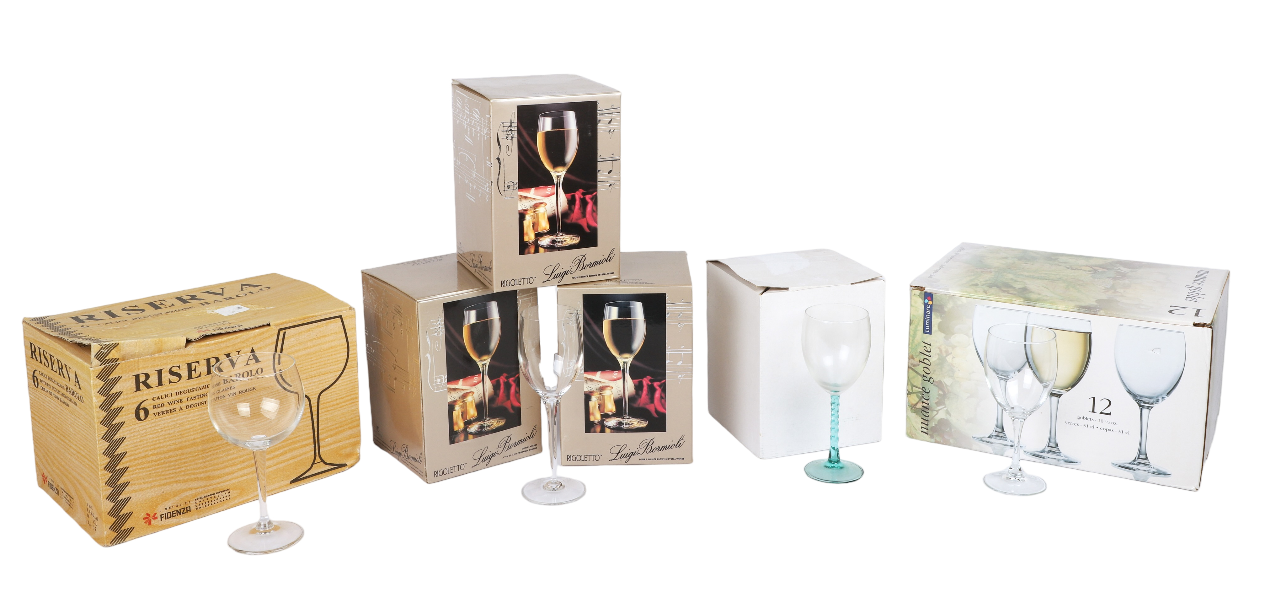 (34) Wine glasses, in original boxes,