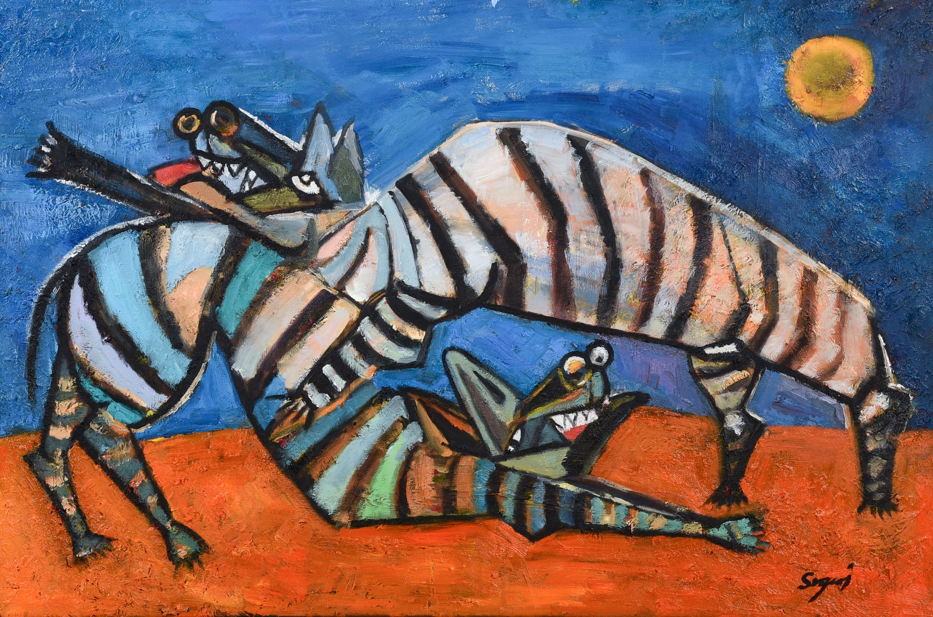 Expressionist painting of (2) hyenas,