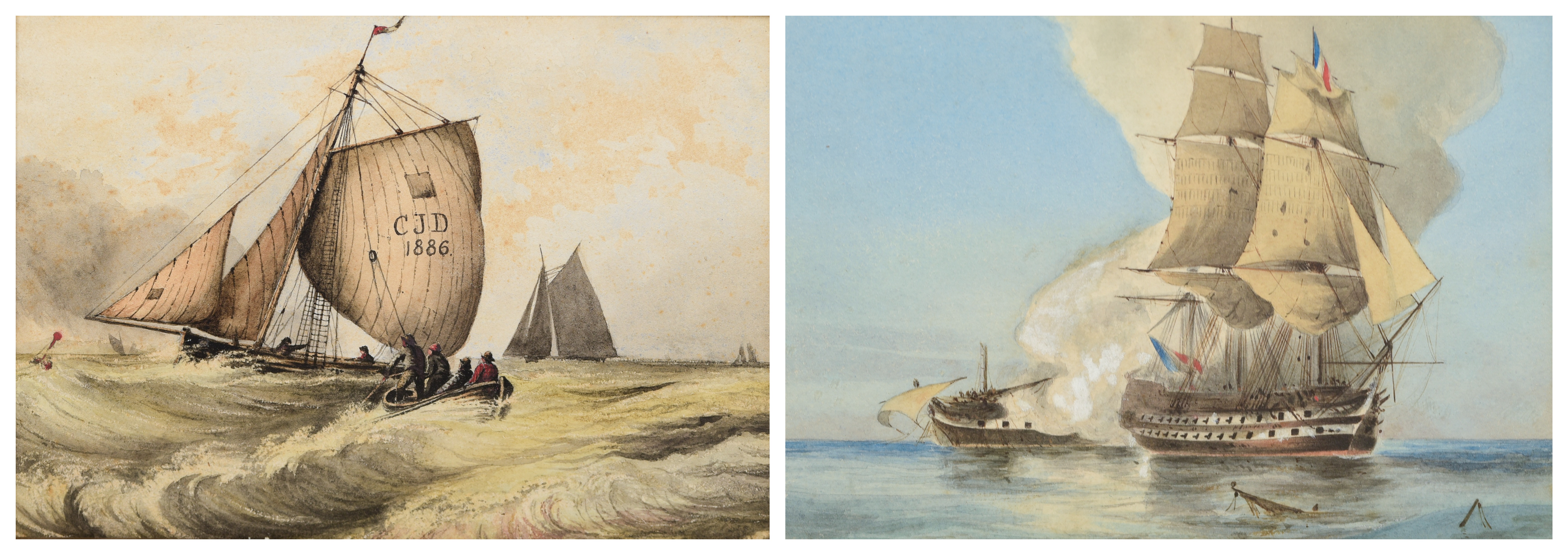  2 Antique marine watercolor paintings  3b0fd6