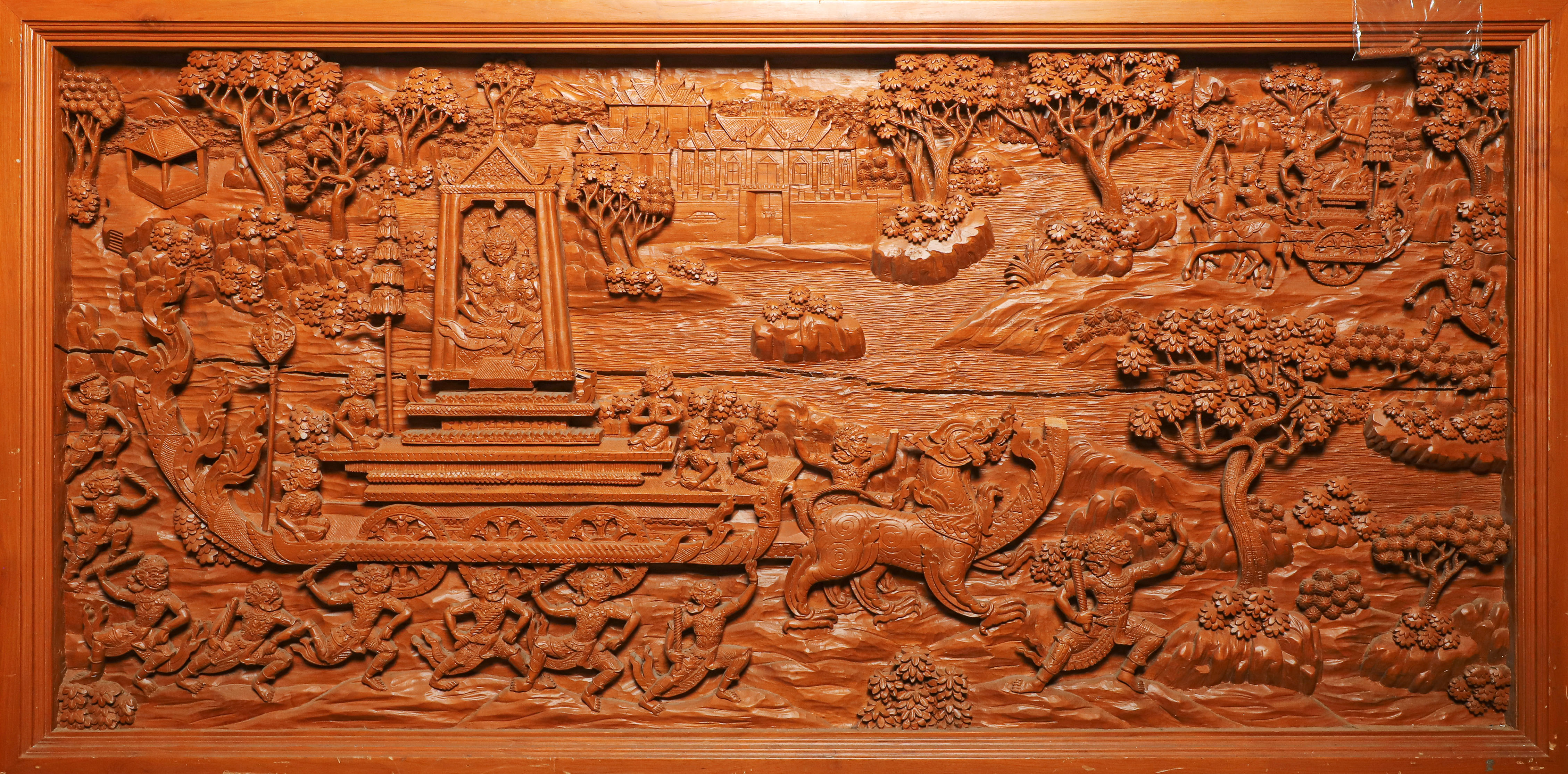 Thai carved wood panel, procession,