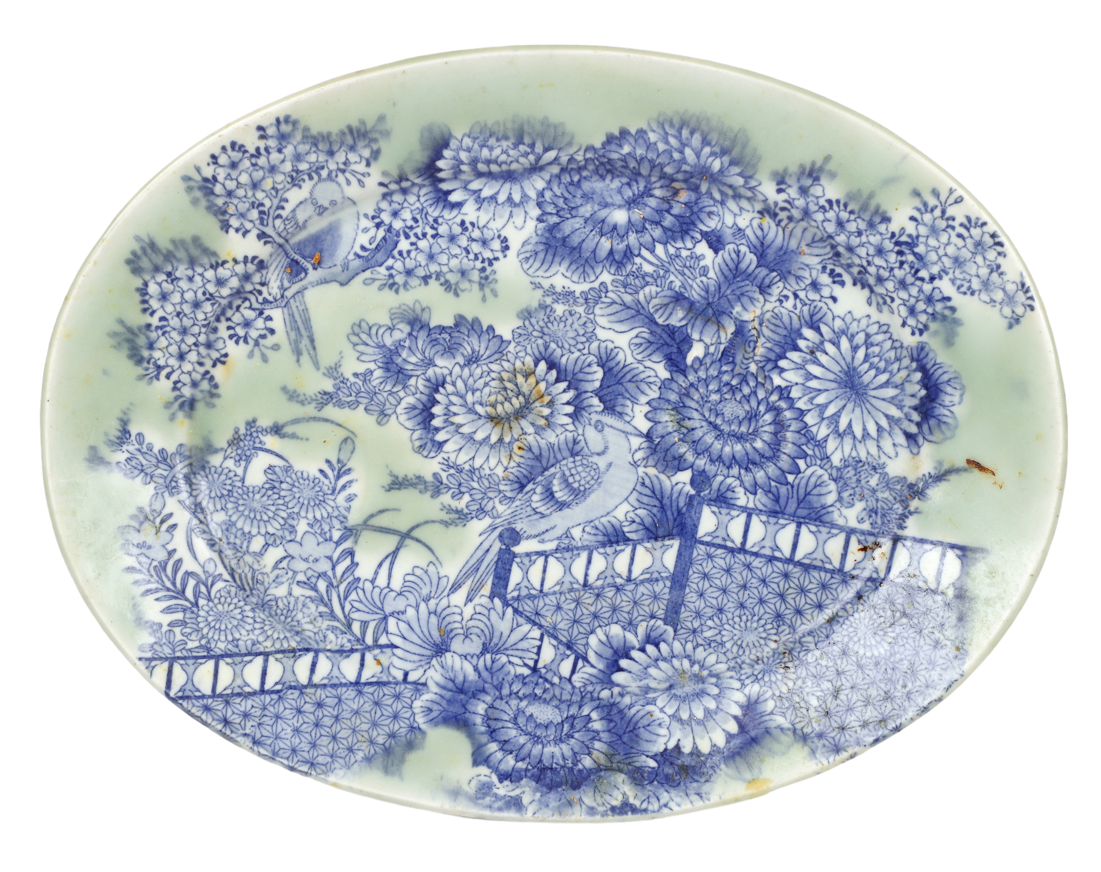 Japanese celadon oval platter, bird
