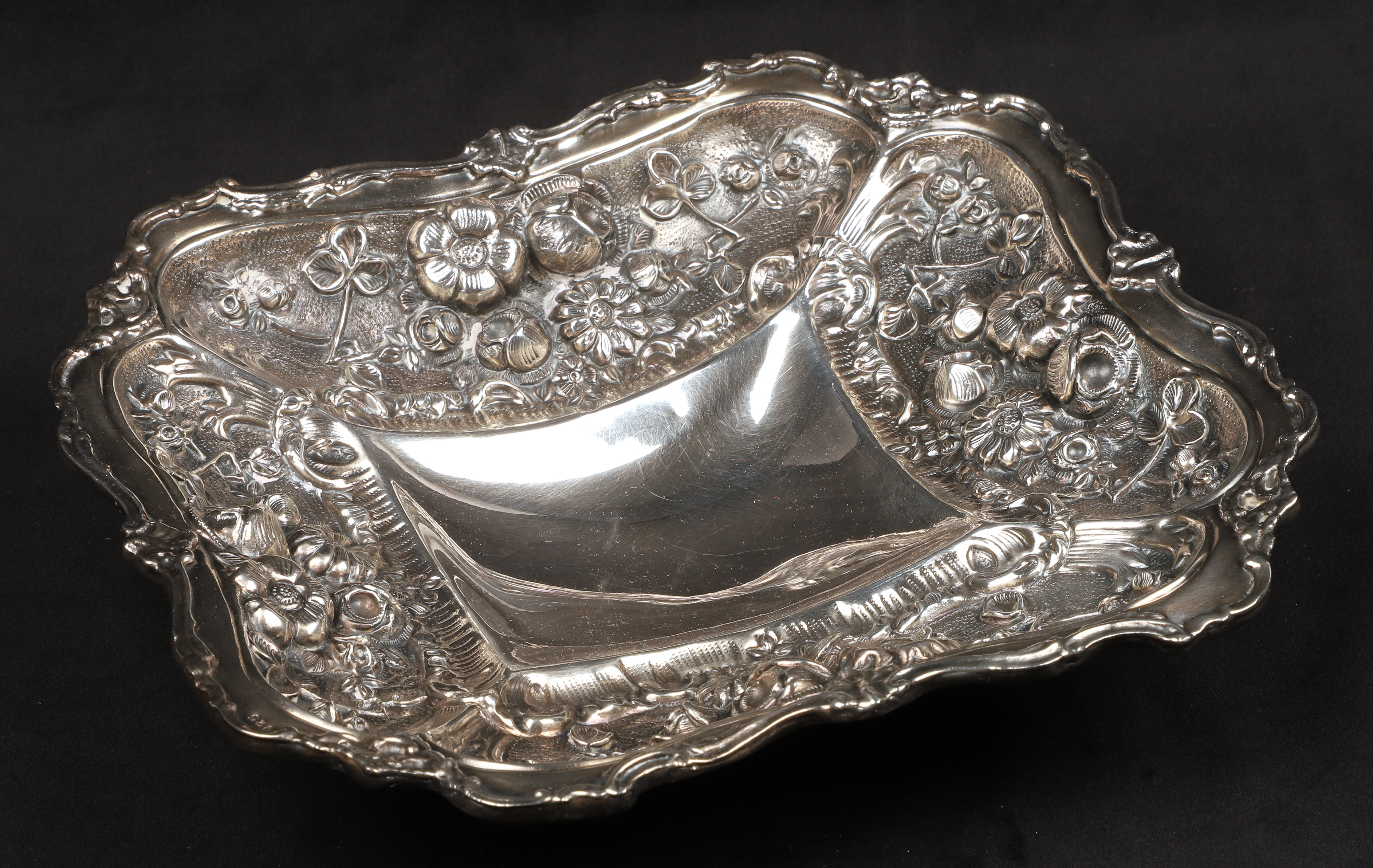 Sterling repousse footed bowl, in clover,