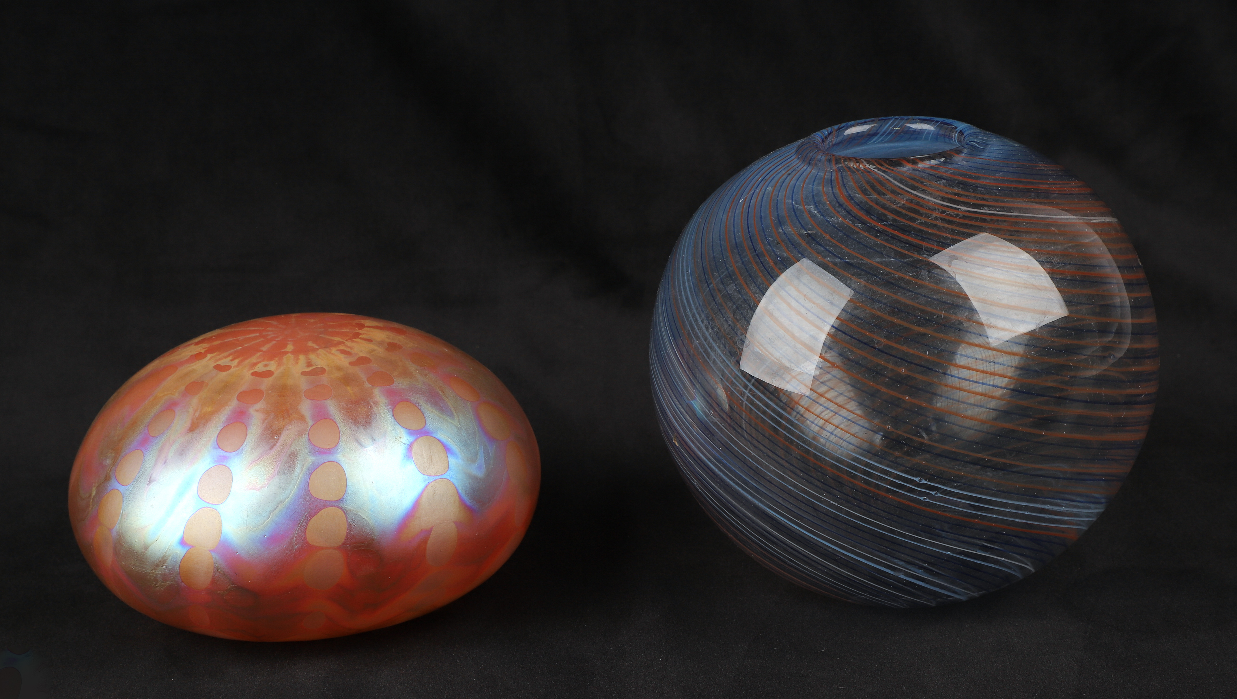 (2) Pcs art glass, c/o iridescent paperweight