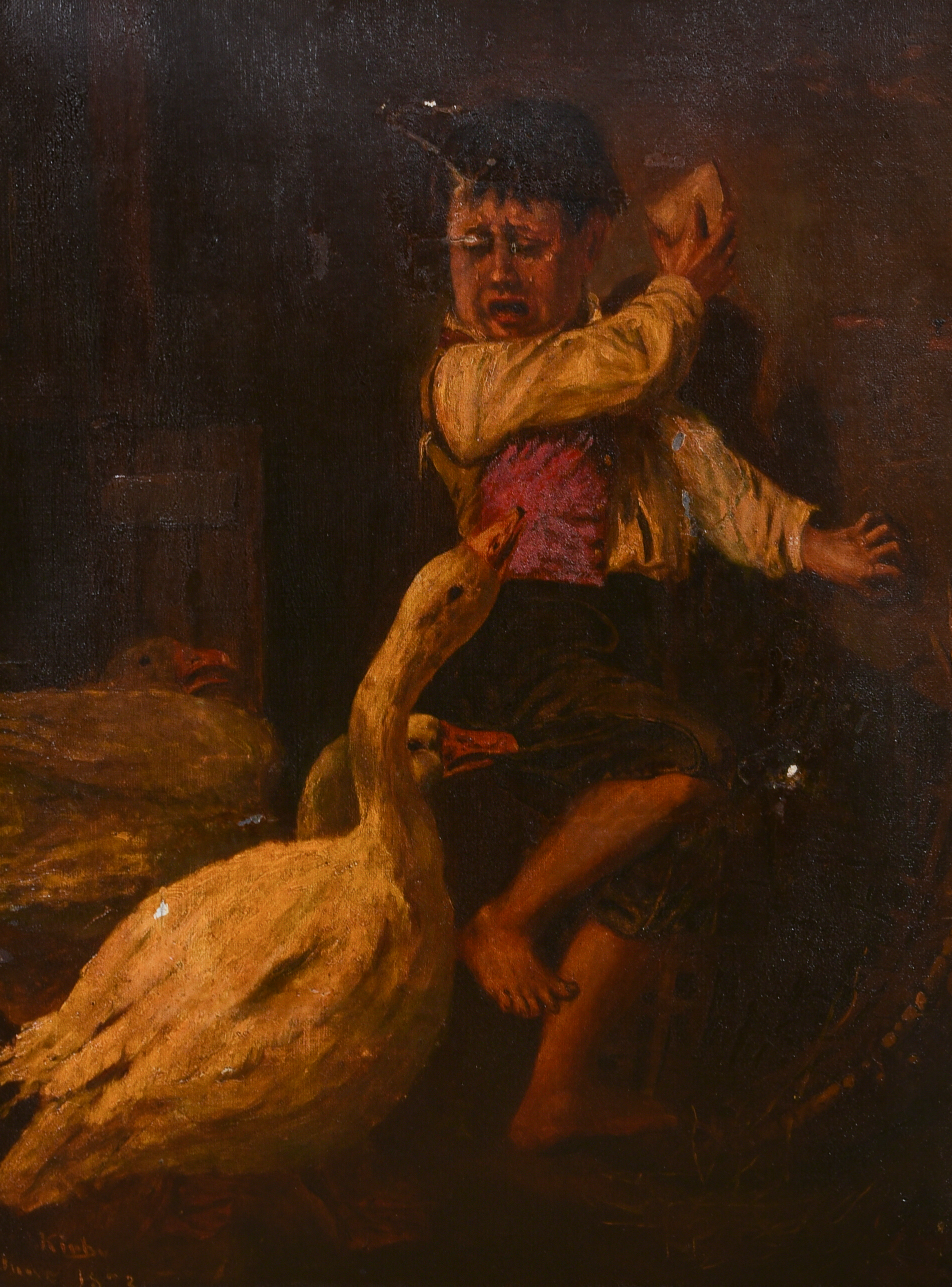 19th C Painting Boy Feeding Geese