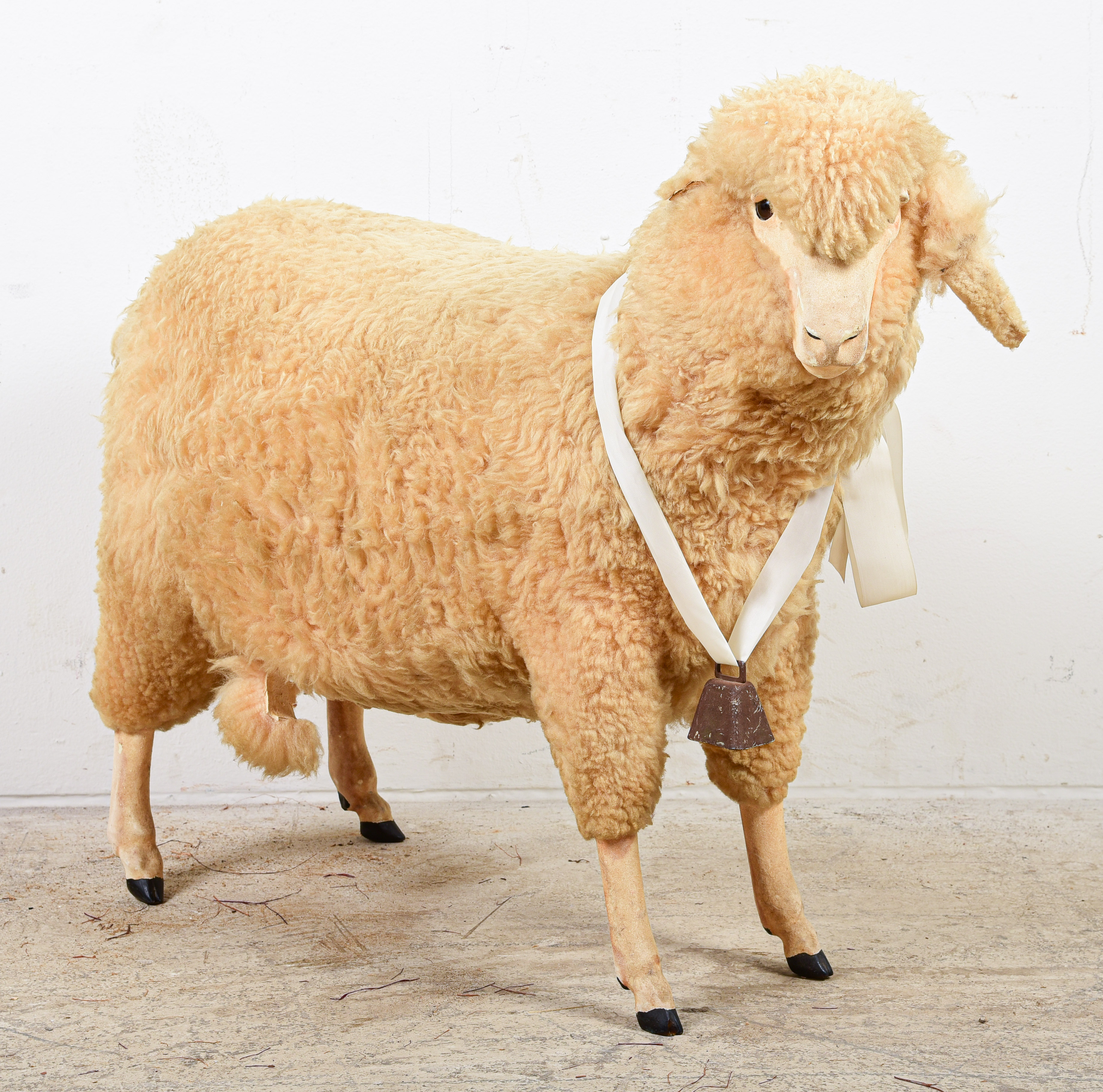 Life-size sheep figure, wool body, glass