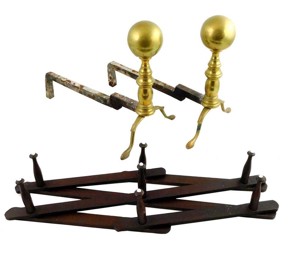 BRASS CANNONBALL ANDIRONS AND WOODEN 3b1324
