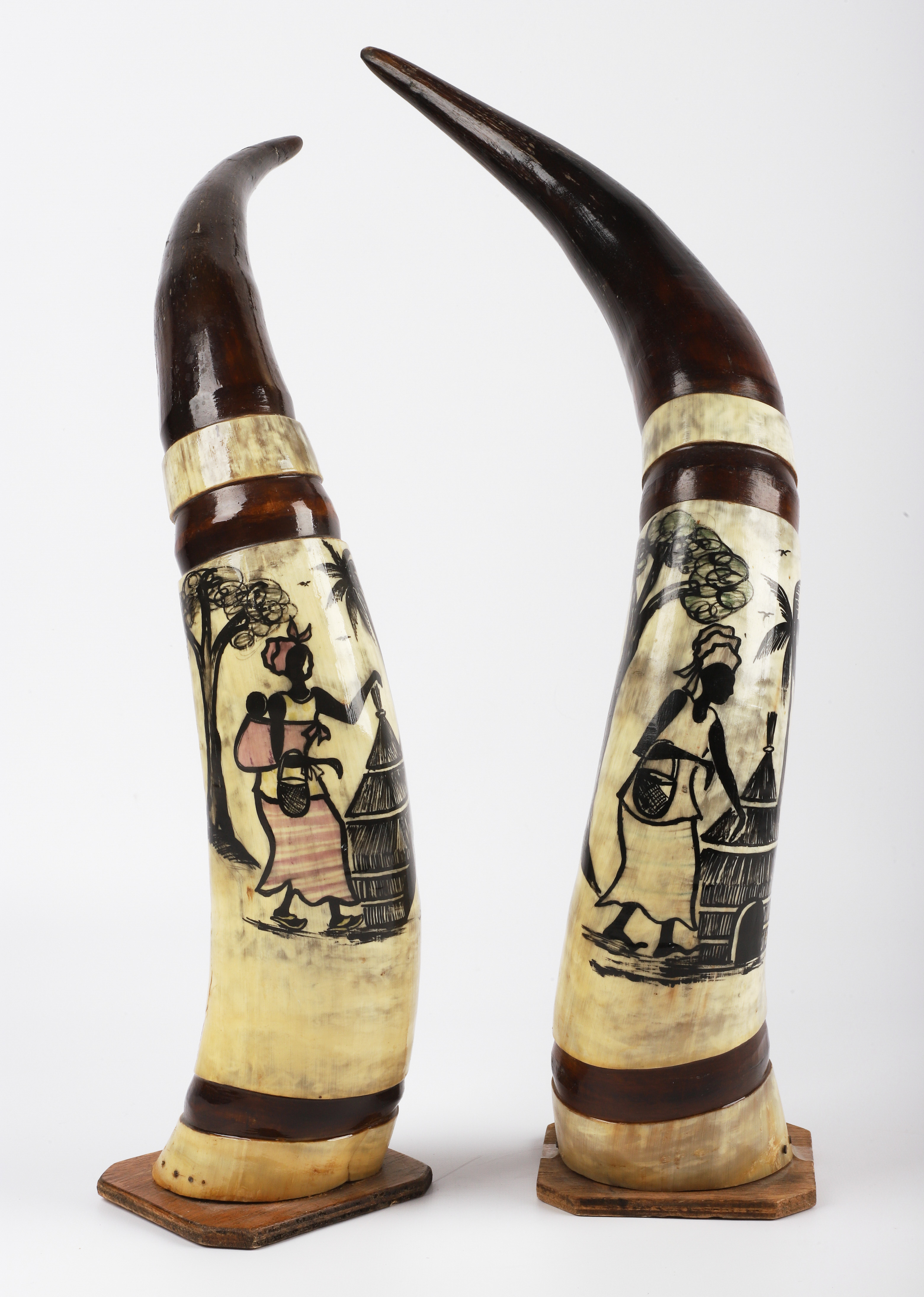Pair of carved painted horns  3b13a2
