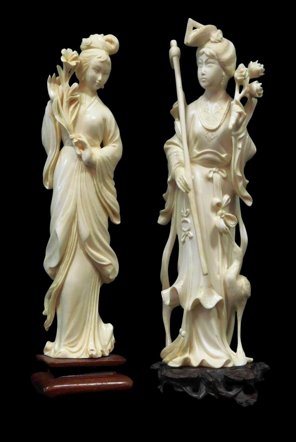 ASIAN: TWO CARVED IVORY MAIDENS,