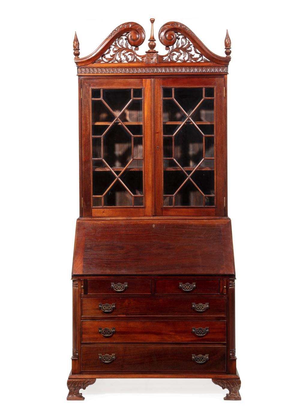 CARVED MAHOGANY SECRETARY BOOKCASEChippendale-Style
