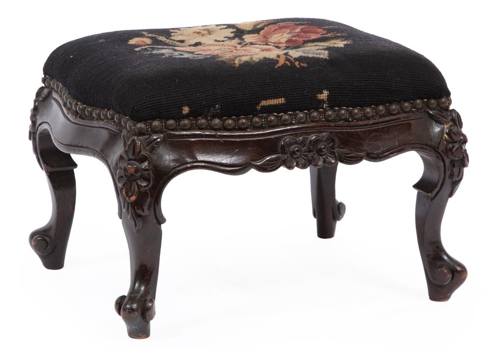 LOUIS XV-STYLE CARVED WALNUT FOOTSTOOLLouis