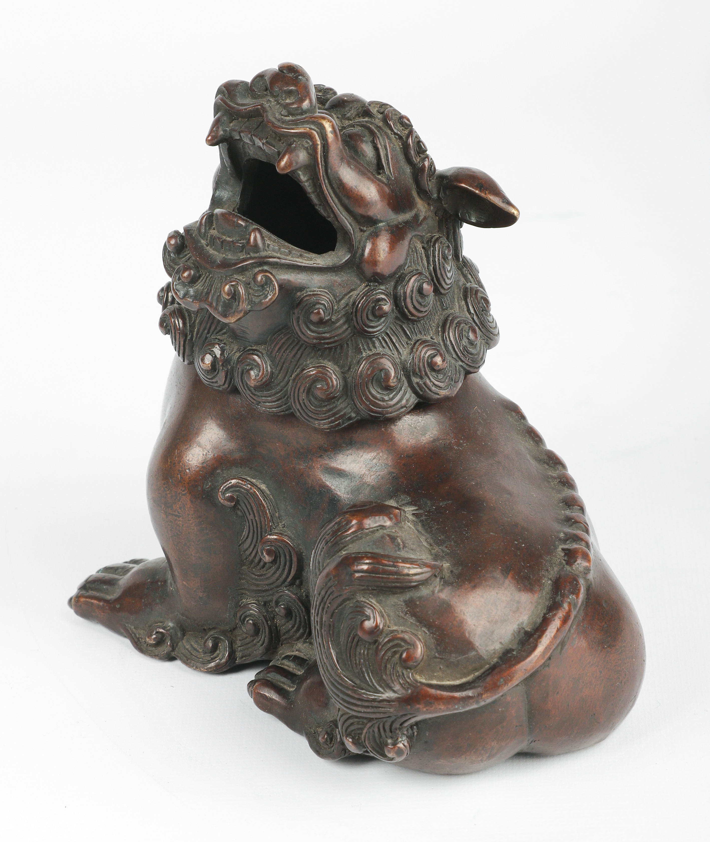 Chinese bronze foo dog censer, impressed