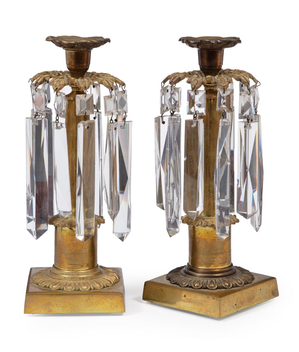 AMERICAN BRASS AND CUT CRYSTAL CANDLEHOLDERSPair