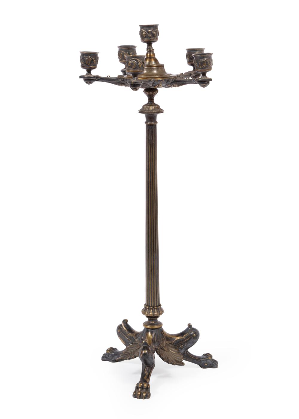 ANTIQUE BRASS SIX-LIGHT CANDELABRAAntique