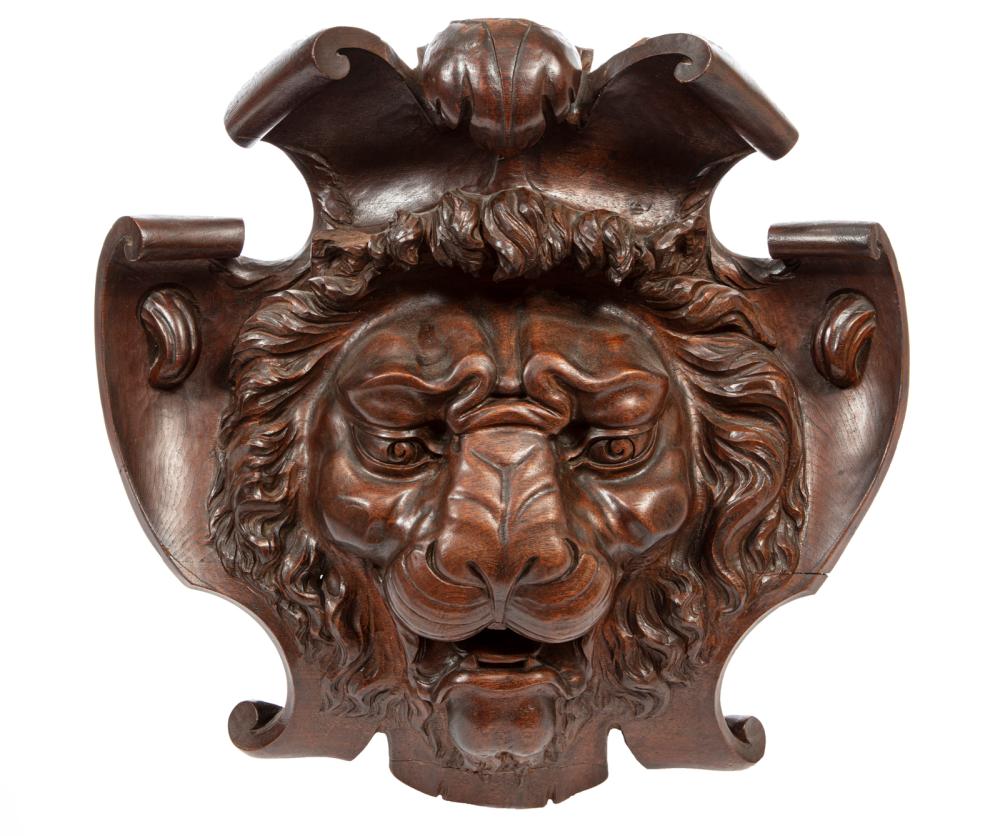 ENGLISH CARVED WALNUT LION MASK