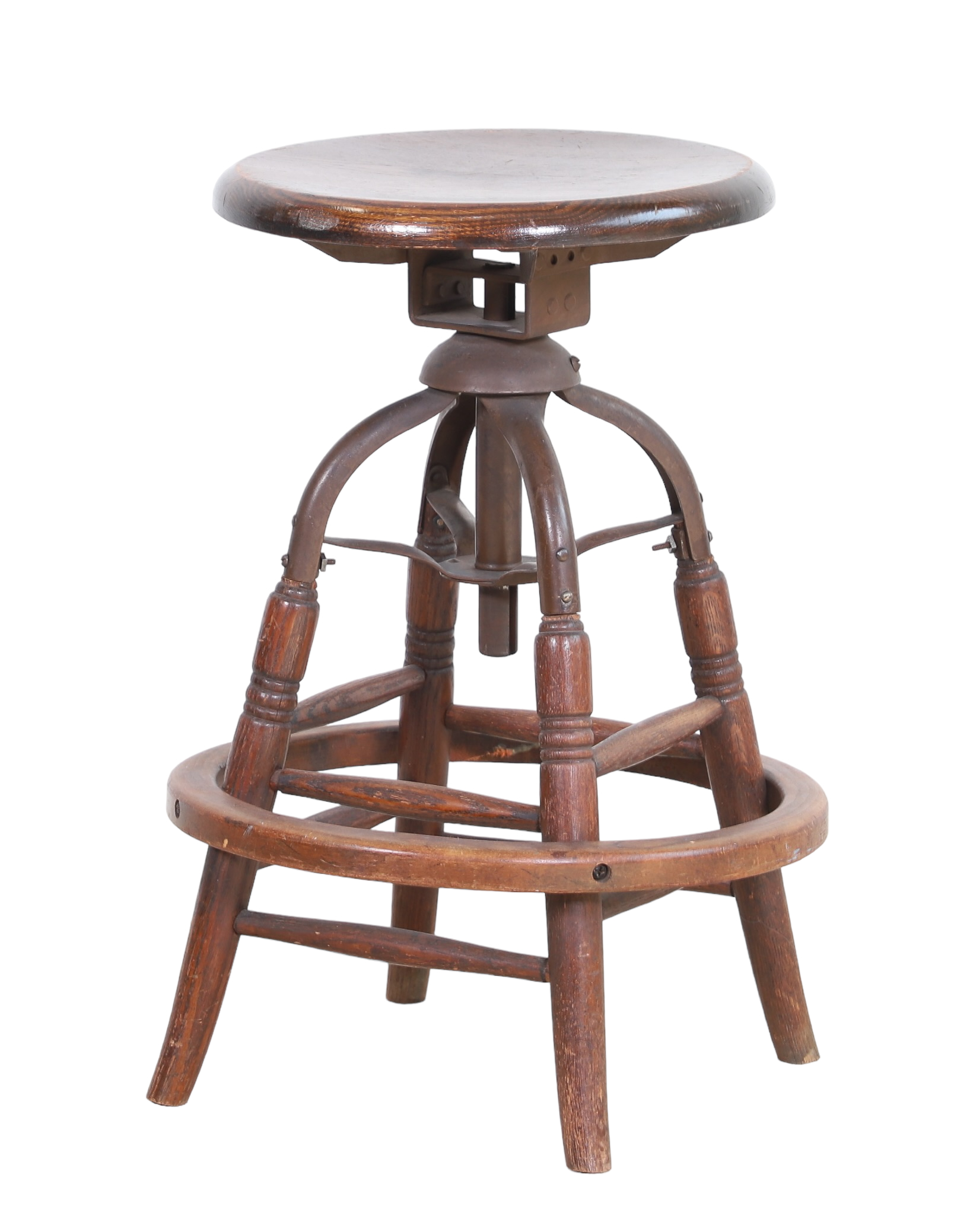 Oak adjustable swivel work stool,