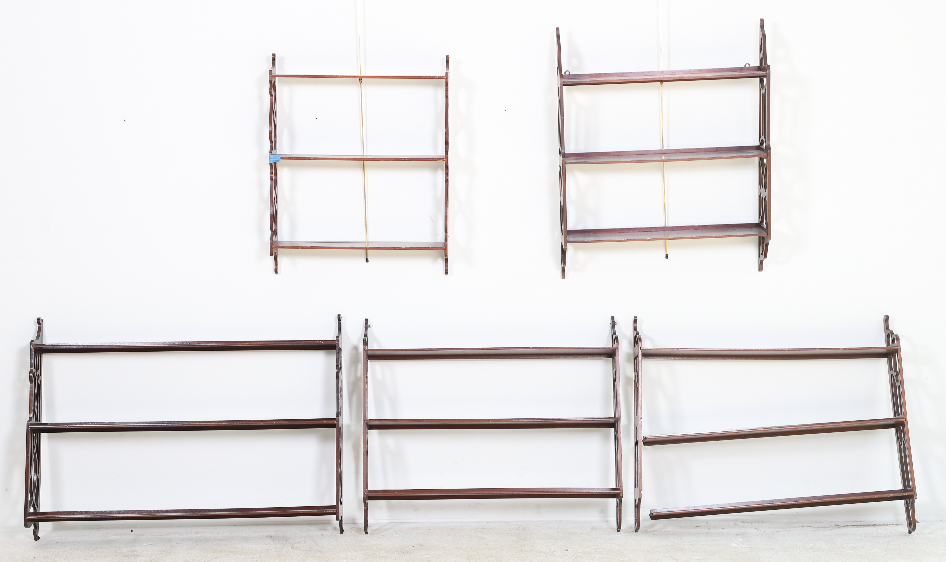 (5) Mahogany hanging wall shelves,