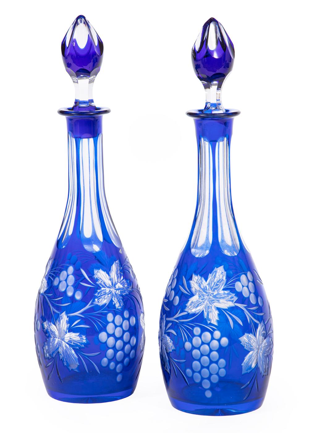 BOHEMIAN COBALT CUT TO CLEAR GLASS DECANTERSPair