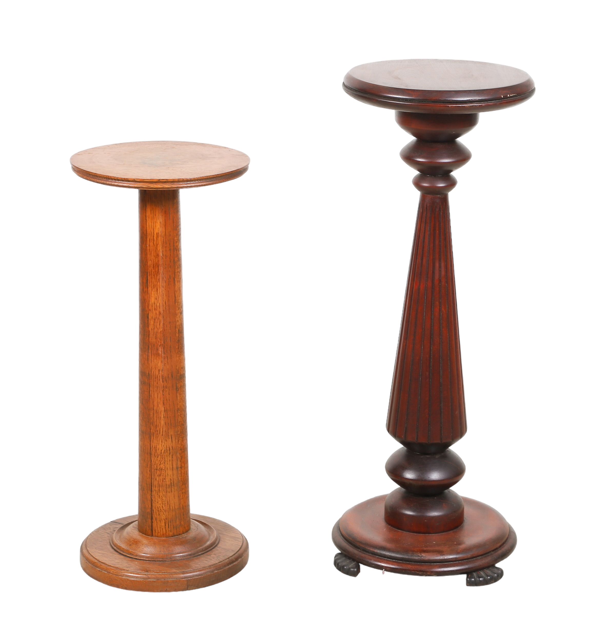 (2) round carved pedestals, mahogany