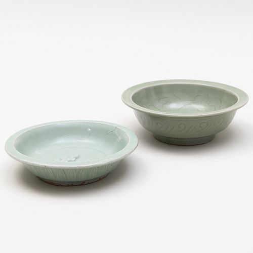 TWO CHINESE CELADON GLAZED EARTHENWARE