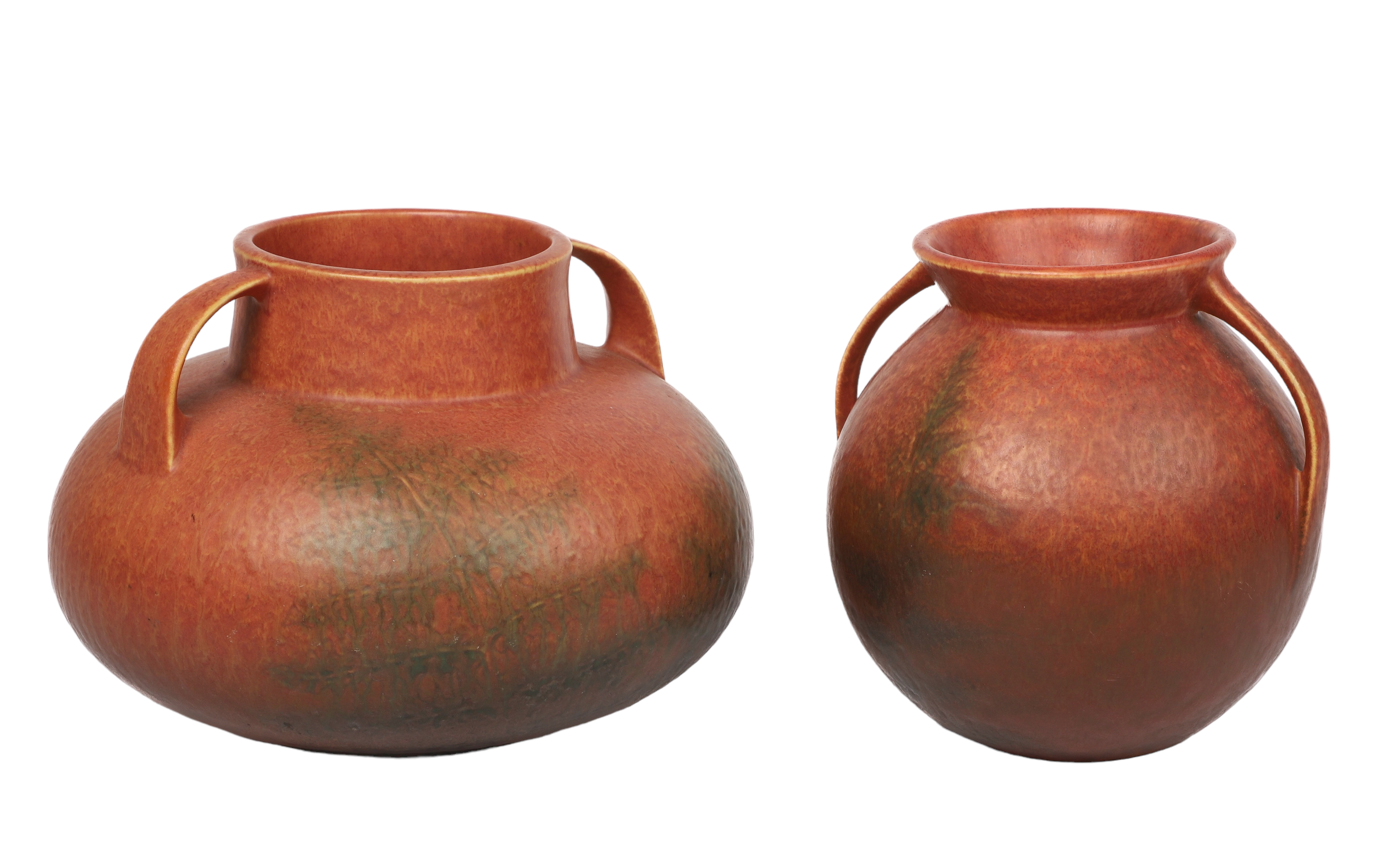 (2) Roseville rust pottery fern