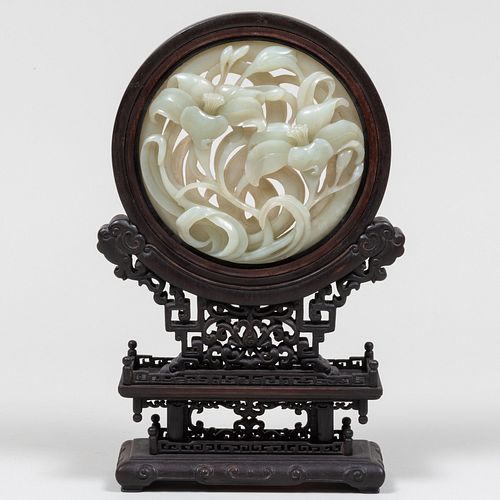 CHINESE ZITAN MOUNTED CARVED JADE 3b1a34