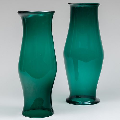 TWO LARGE GREEN GLASS HURRICANE 3b1ae3