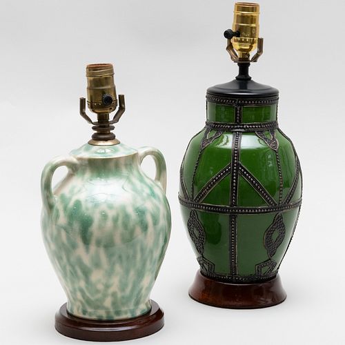 TWO GREEN GLAZED TABLE LAMPSThe