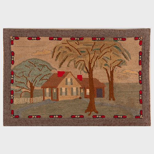 TWO HOOKED RUGS WITH HOMES AND