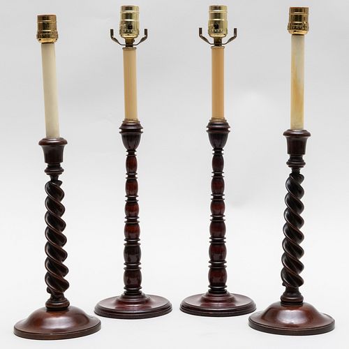 TWO PAIRS OF TURNED WOOD CANDLESTICK