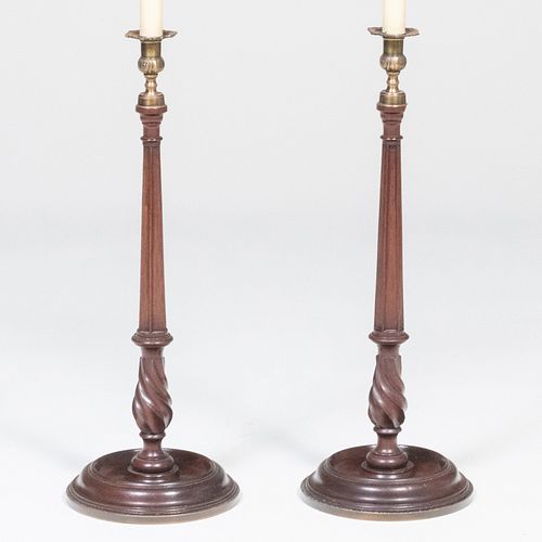 PAIR OF TALL TURNED WOOD AND BRASS