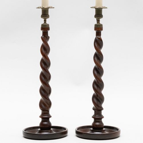 PAIR OF TALL TURNED WOOD CANDLESTICK 3b1b61