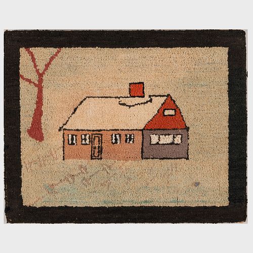 TWO SMALL HOOKED RUGS WITH HOUSES