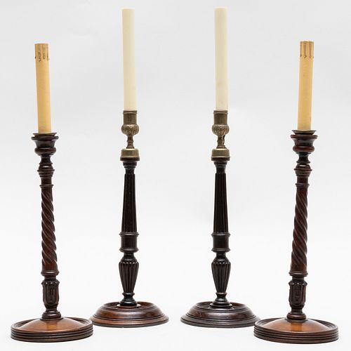 TWO PAIRS OF WOOD CANDLESTICK LAMPSElectrified.

The