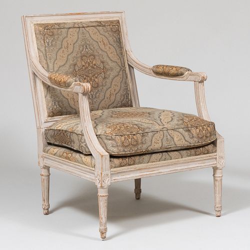 LOUIS XVI STYLE GRAY PAINTED UPHOLSTERED