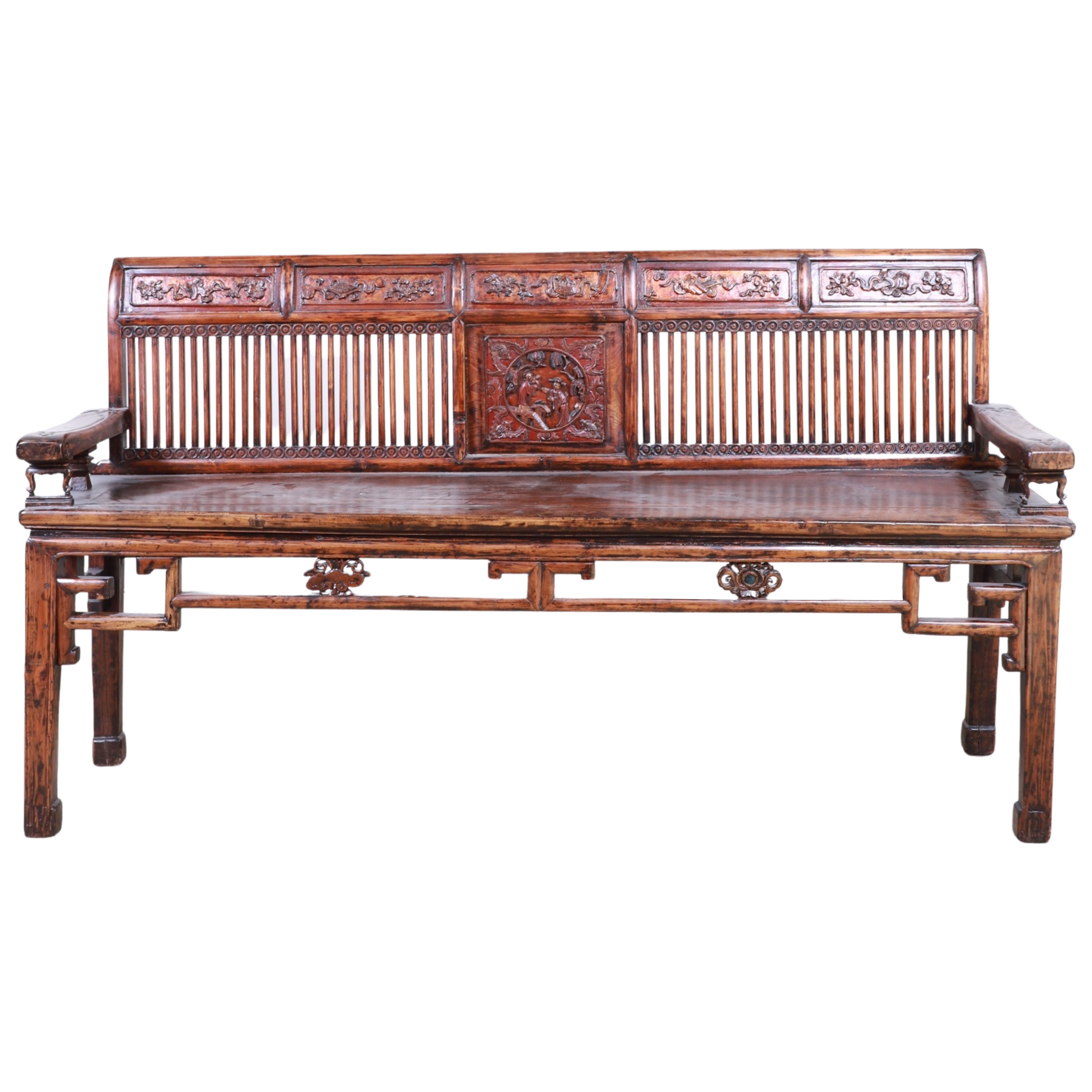 Chinese elmwood carved long bench  3b4479