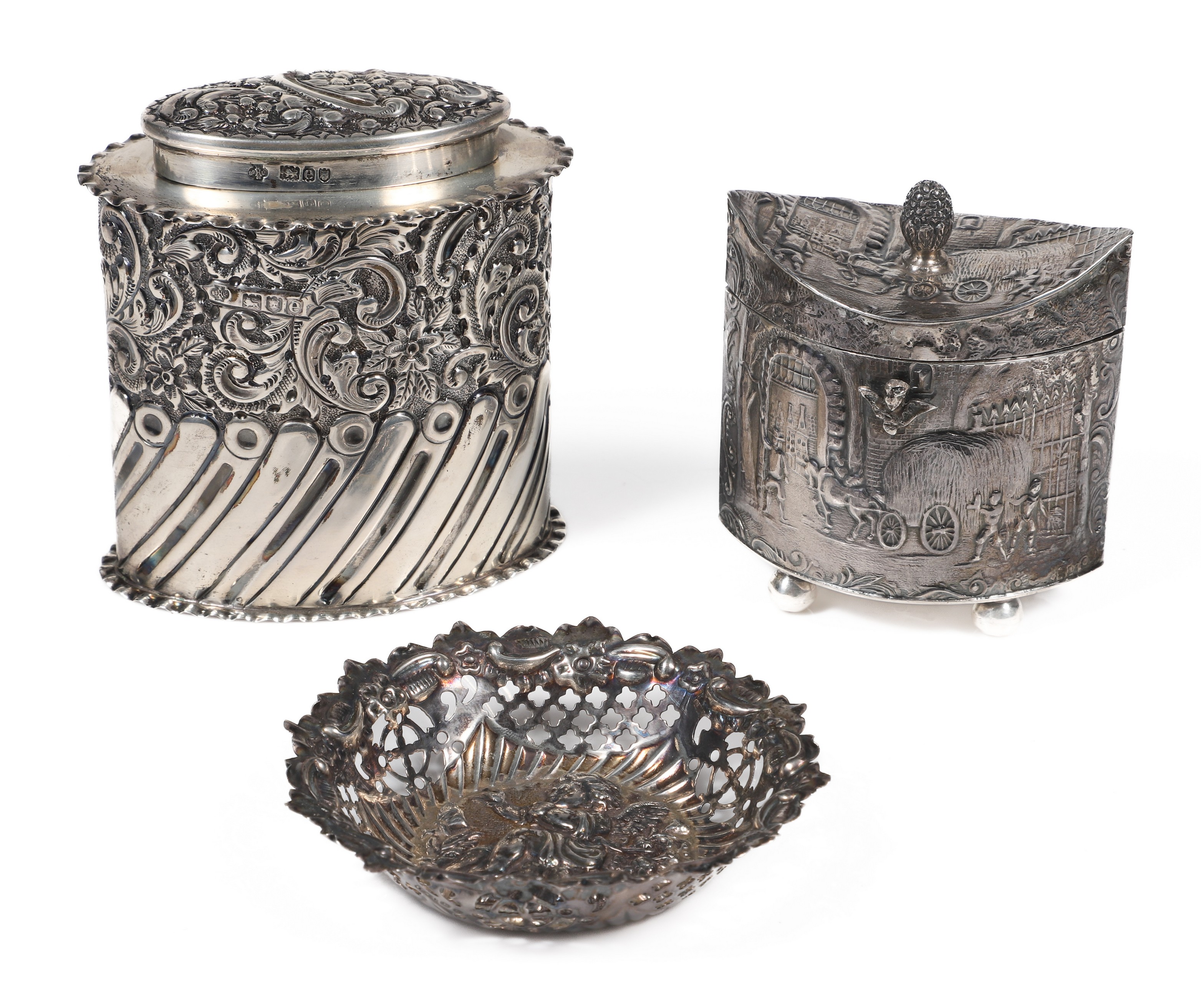  3 Silver tea caddies and strainer 3b450a