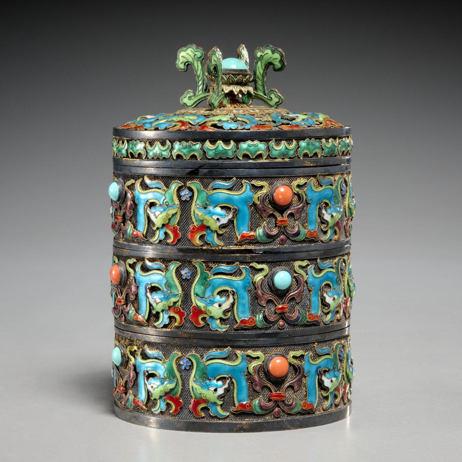 CHINESE SILVER AND CLOISONNE STACKING