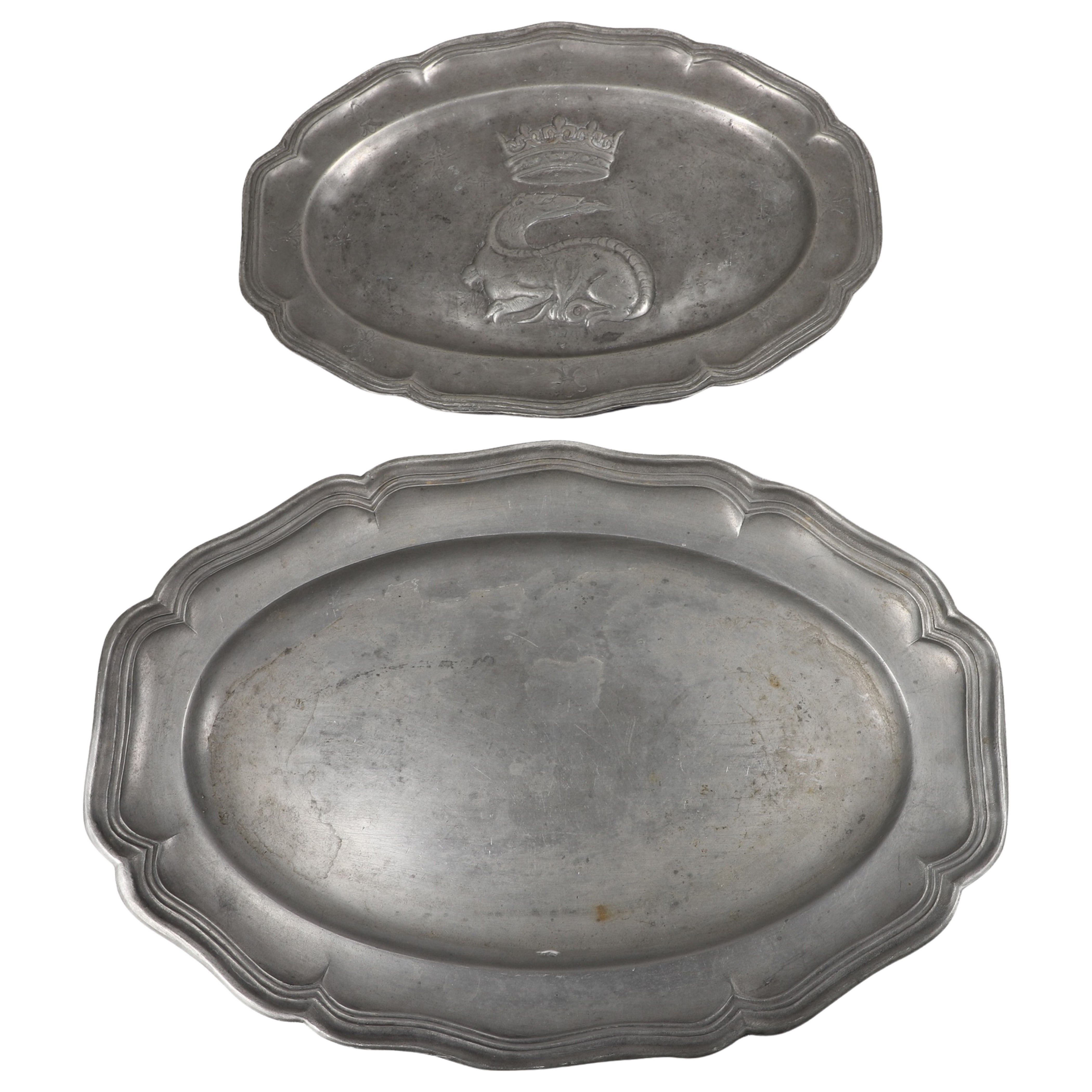  2 18th C pewter trays each marked 3b4823