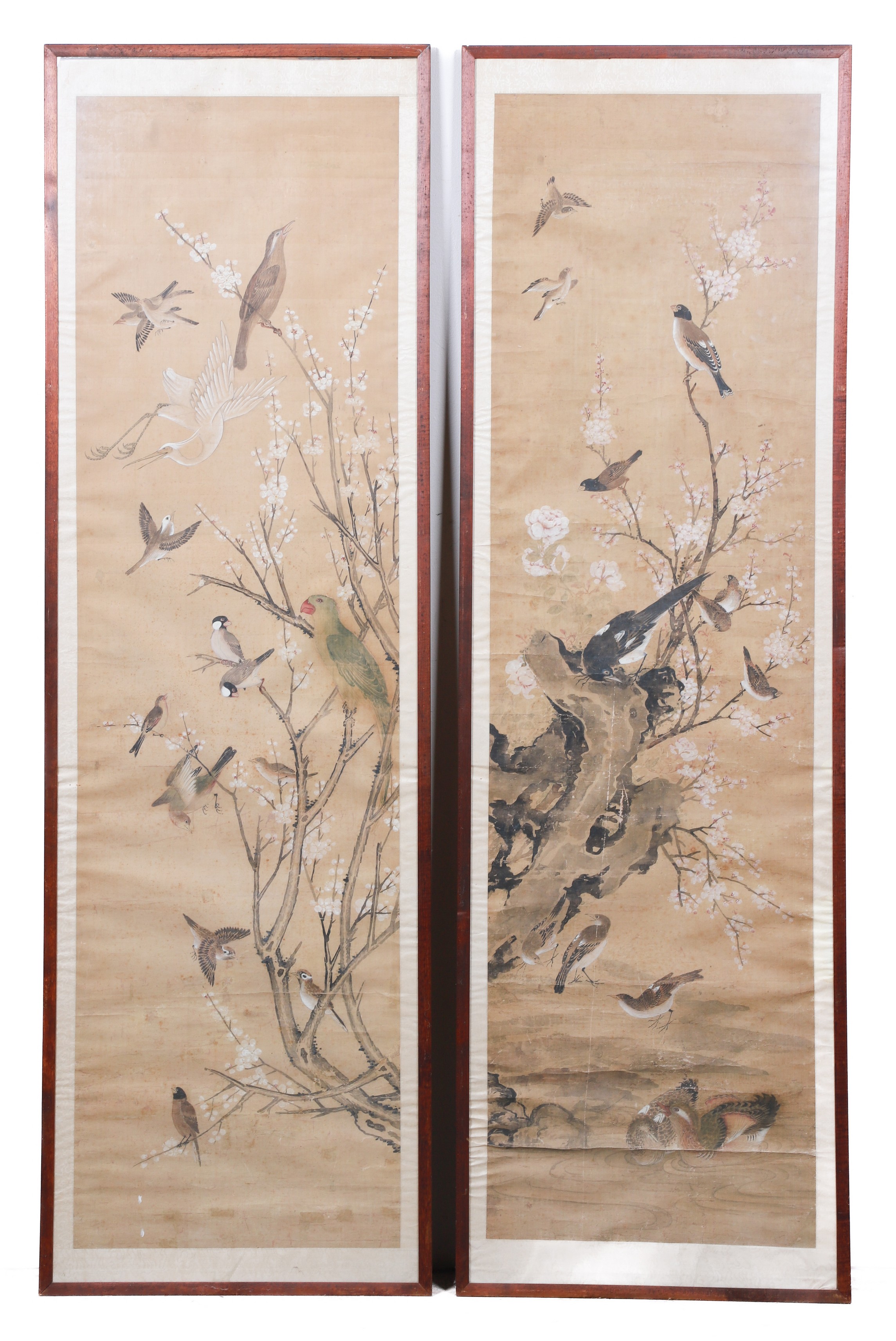 Pair of Chinese scrolls, birds in trees,