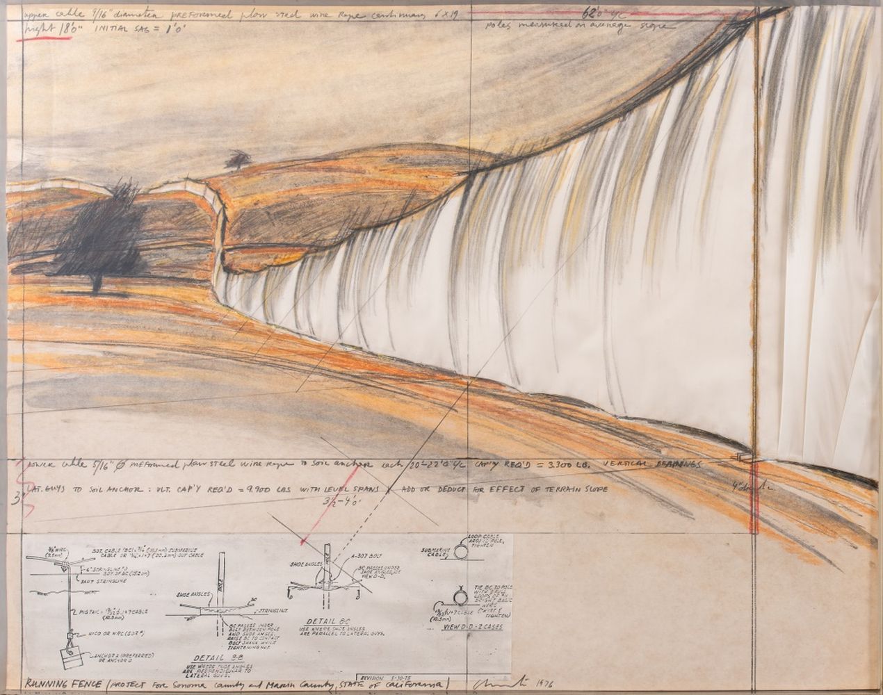 CHRISTO "RUNNING FENCE" DRAWING