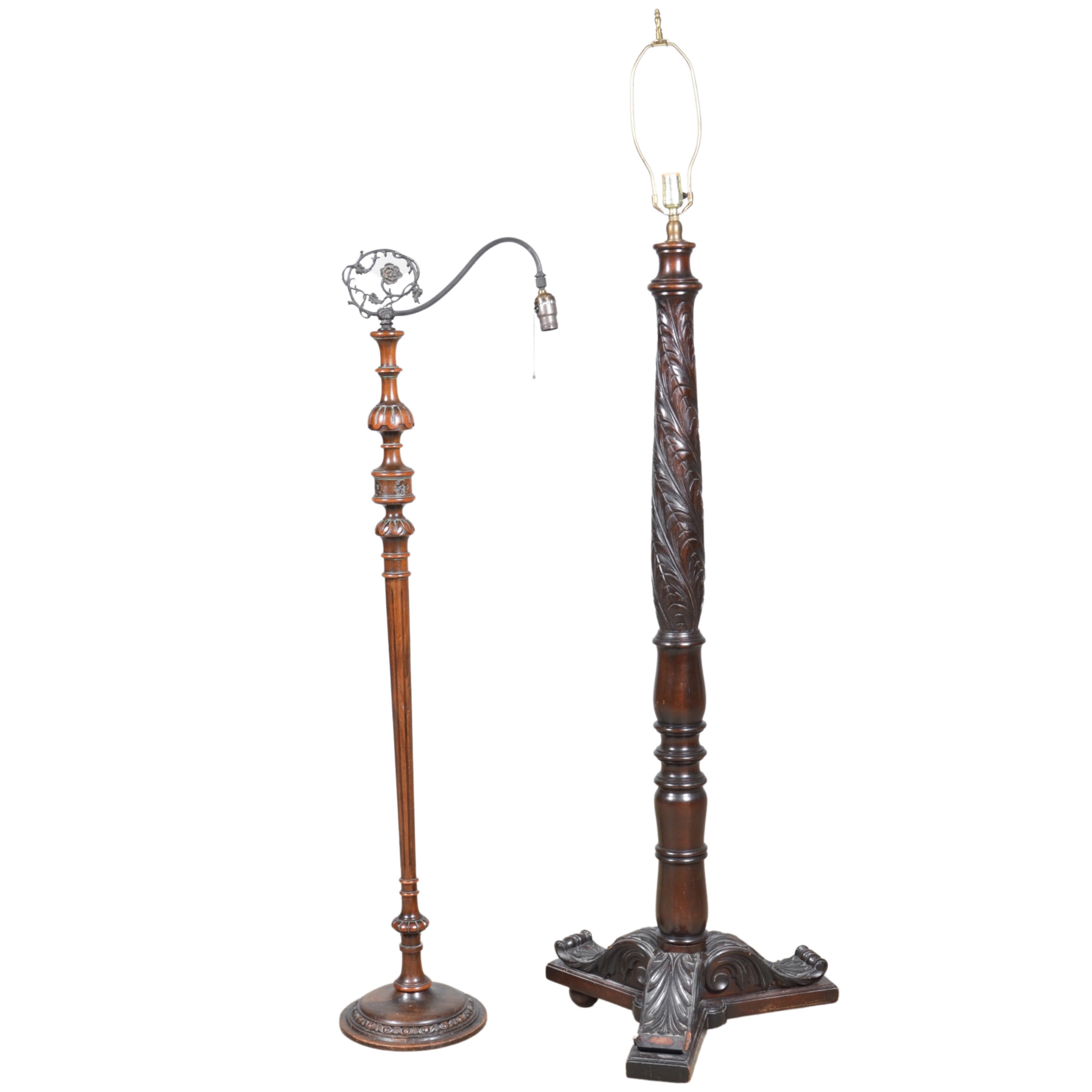 (2) carved floor lamps, c/o one