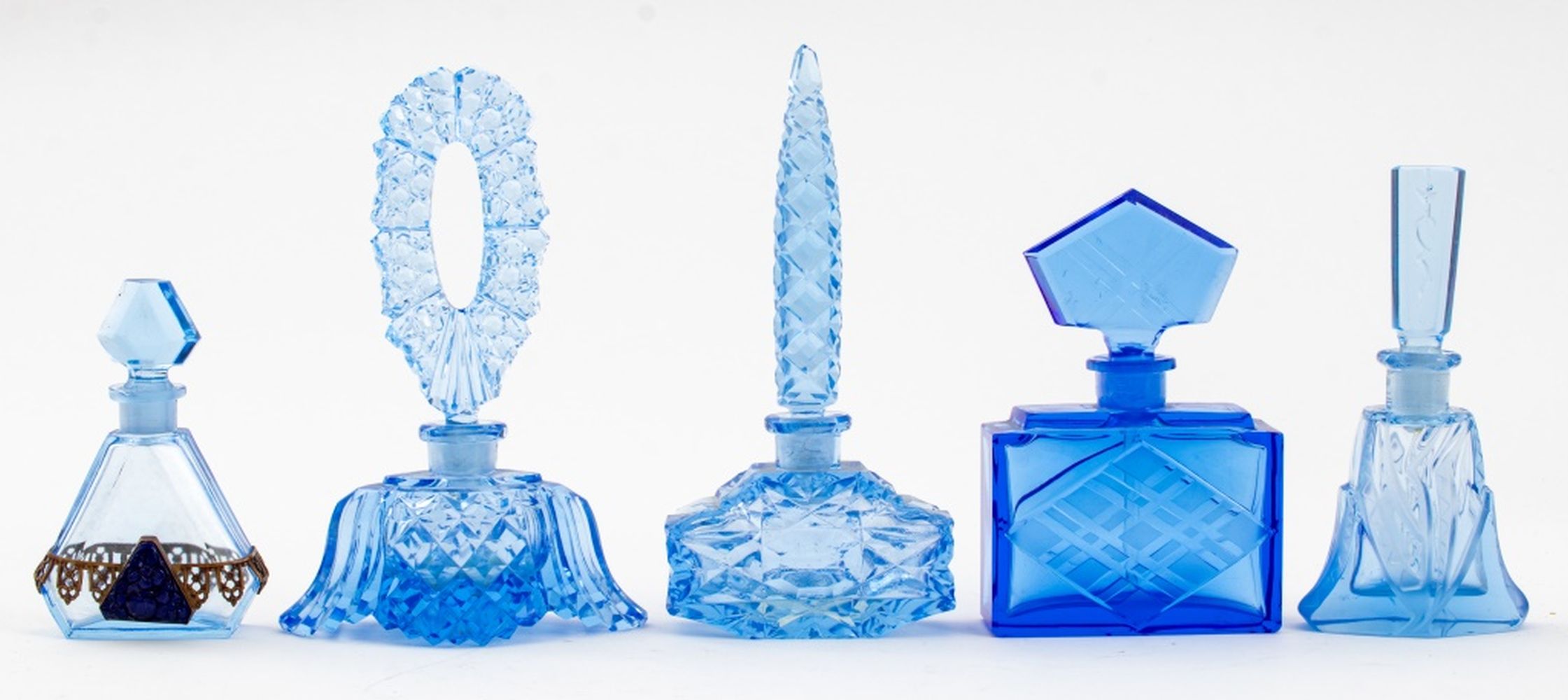 ART DECO BLUE CUT CRYSTAL PERFUME BOTTLES,