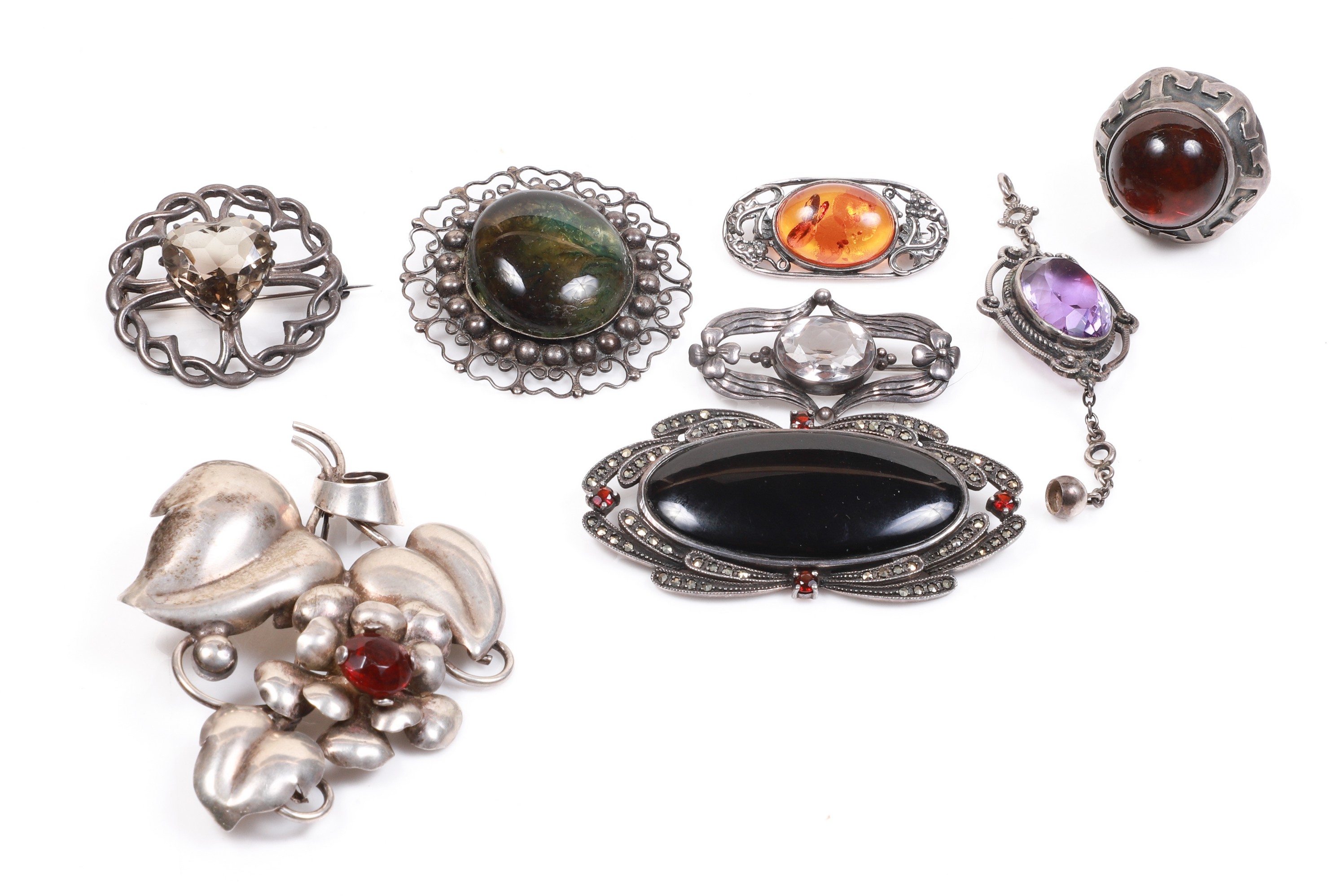  8 Sterling brooches and ring 3b4d79