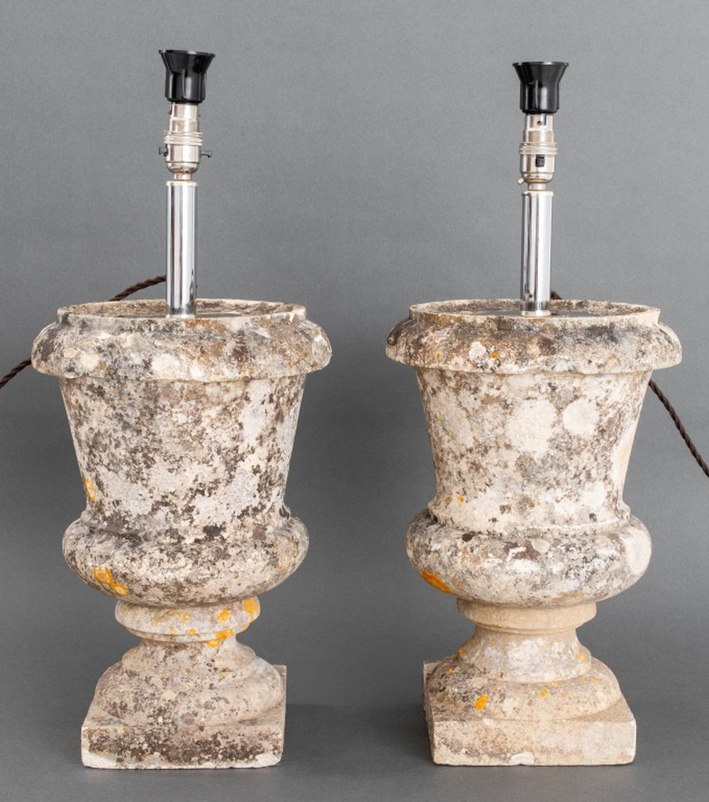 GRAND TOUR STONE URN MOUNTED LAMPS,