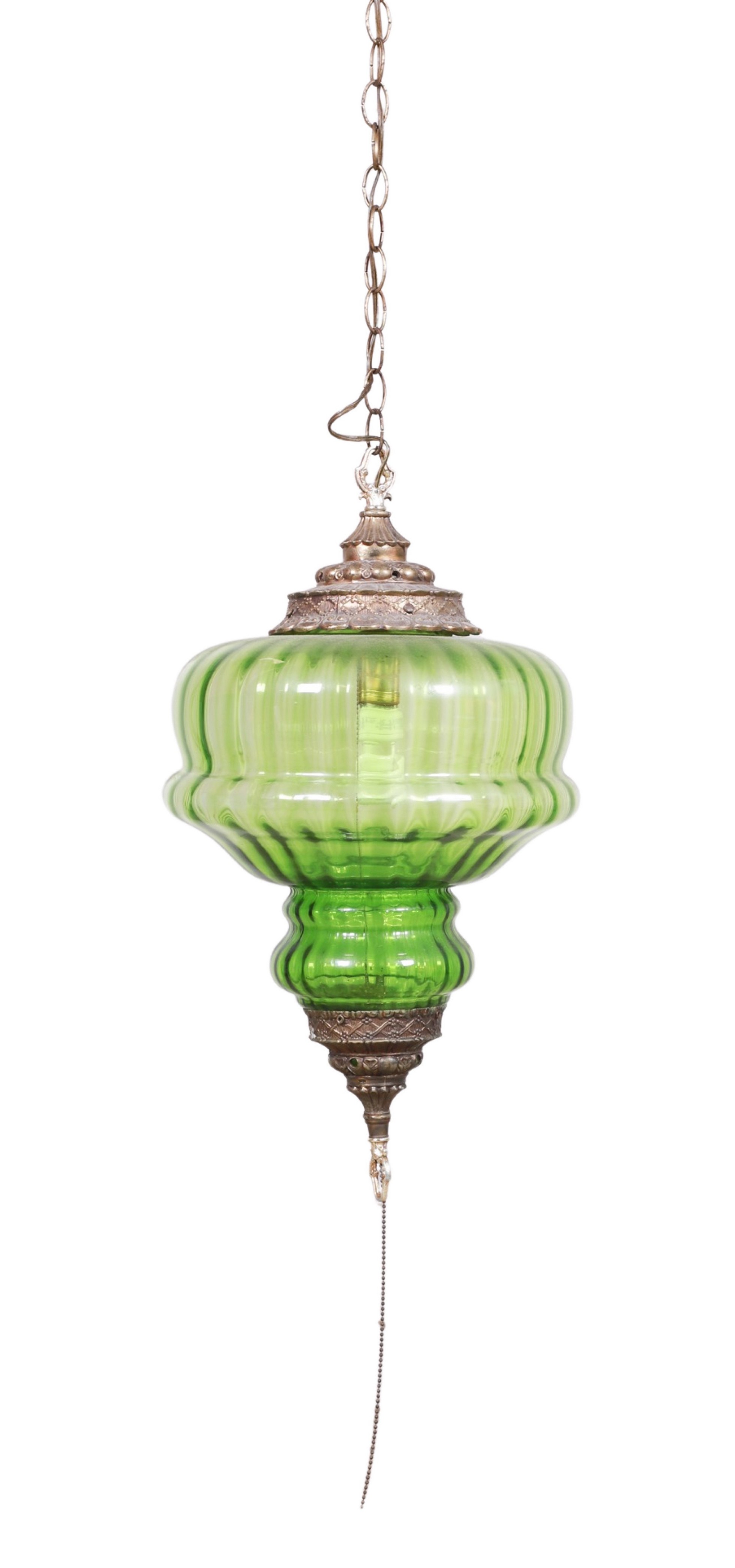 Green glass pendant swag lamp, metal