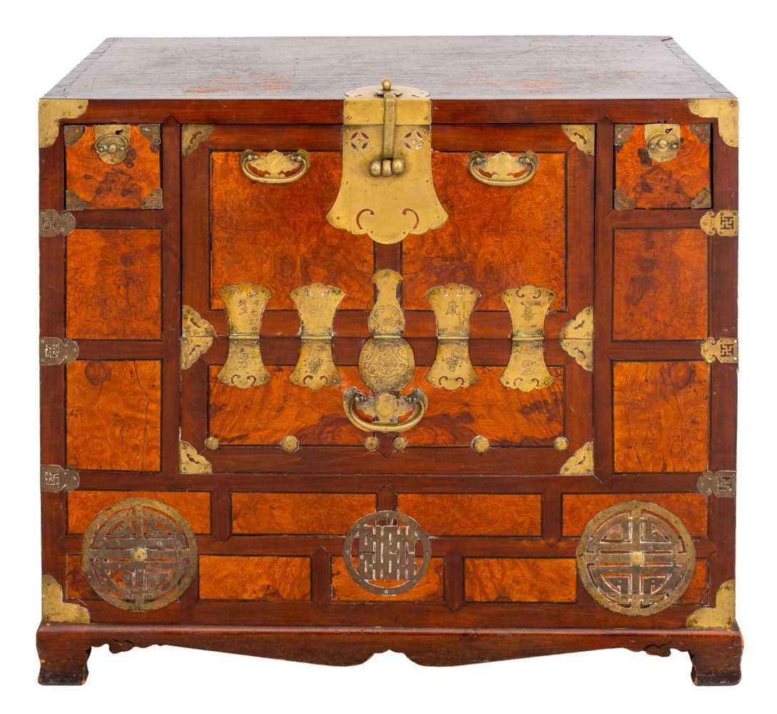 KOREAN BRASS MOUNTED ELM WOOD CHEST,