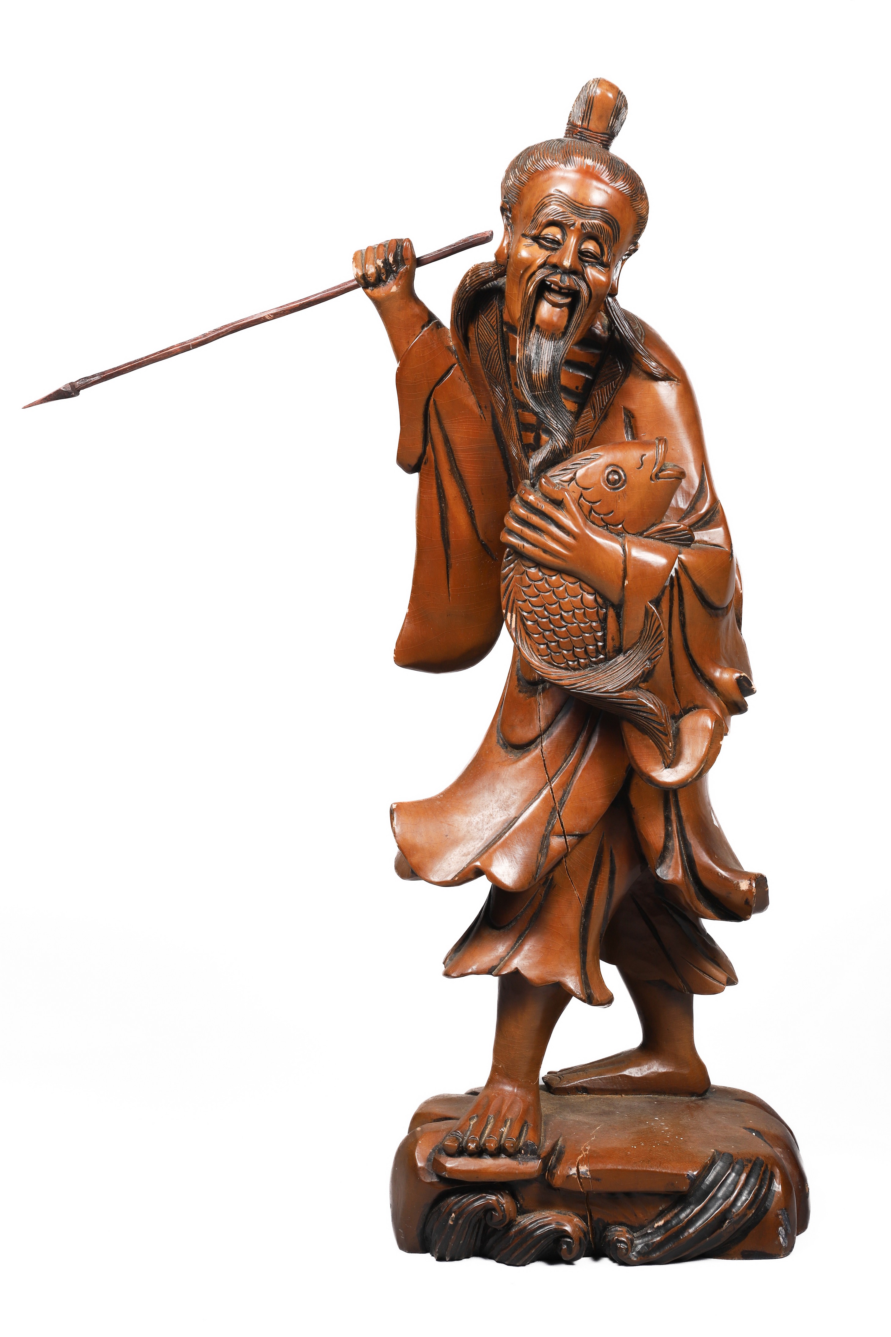 Chinese carved wood fisherman figure,