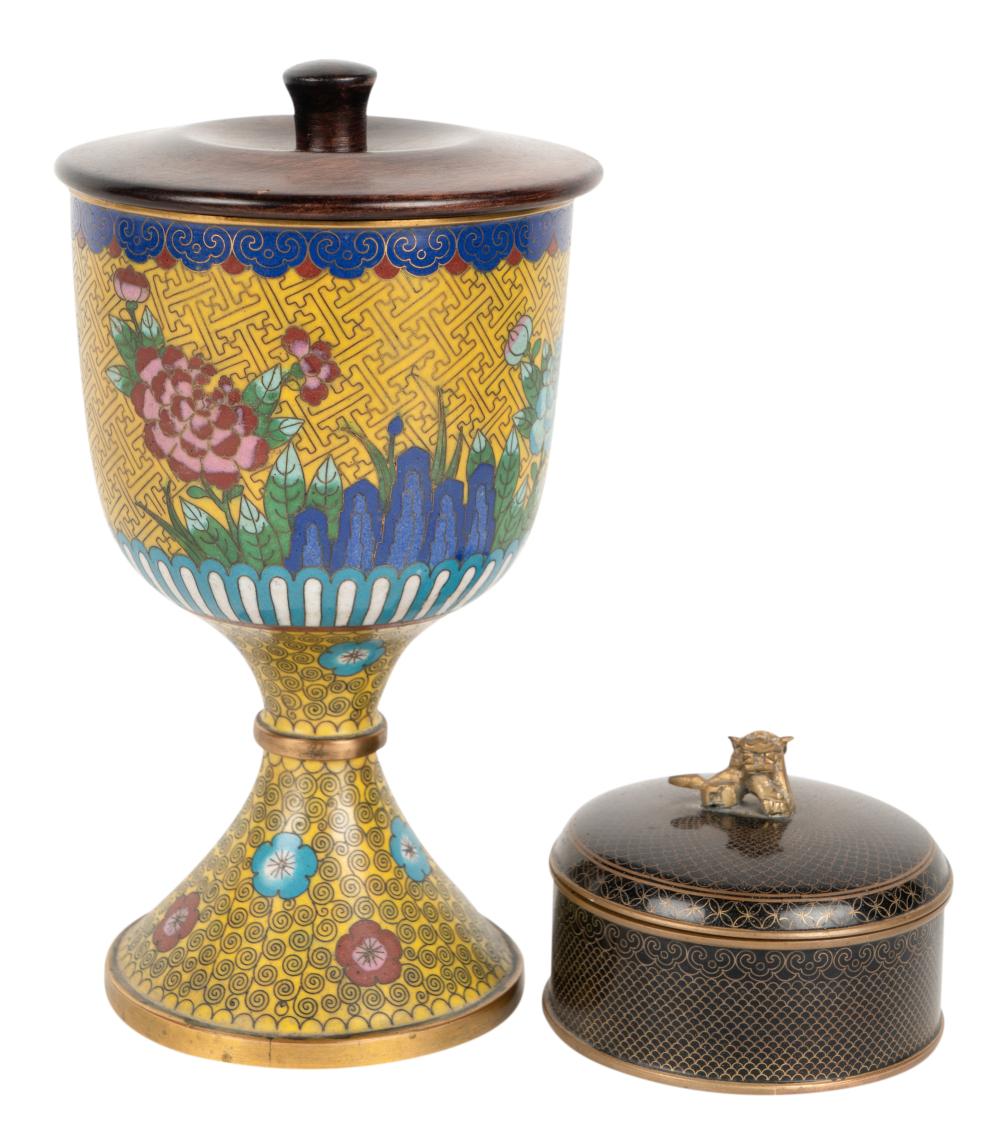 CHINESE CLOISONNE CHALICE AND ROUND