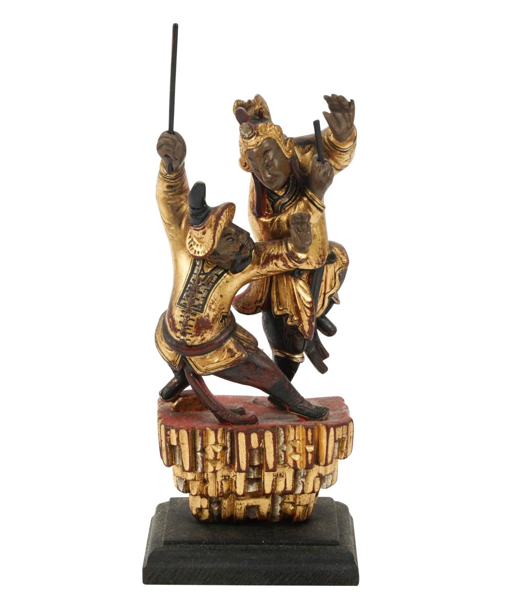 ASIAN CARVED AND GILT FIGURAL GROUPAsian
